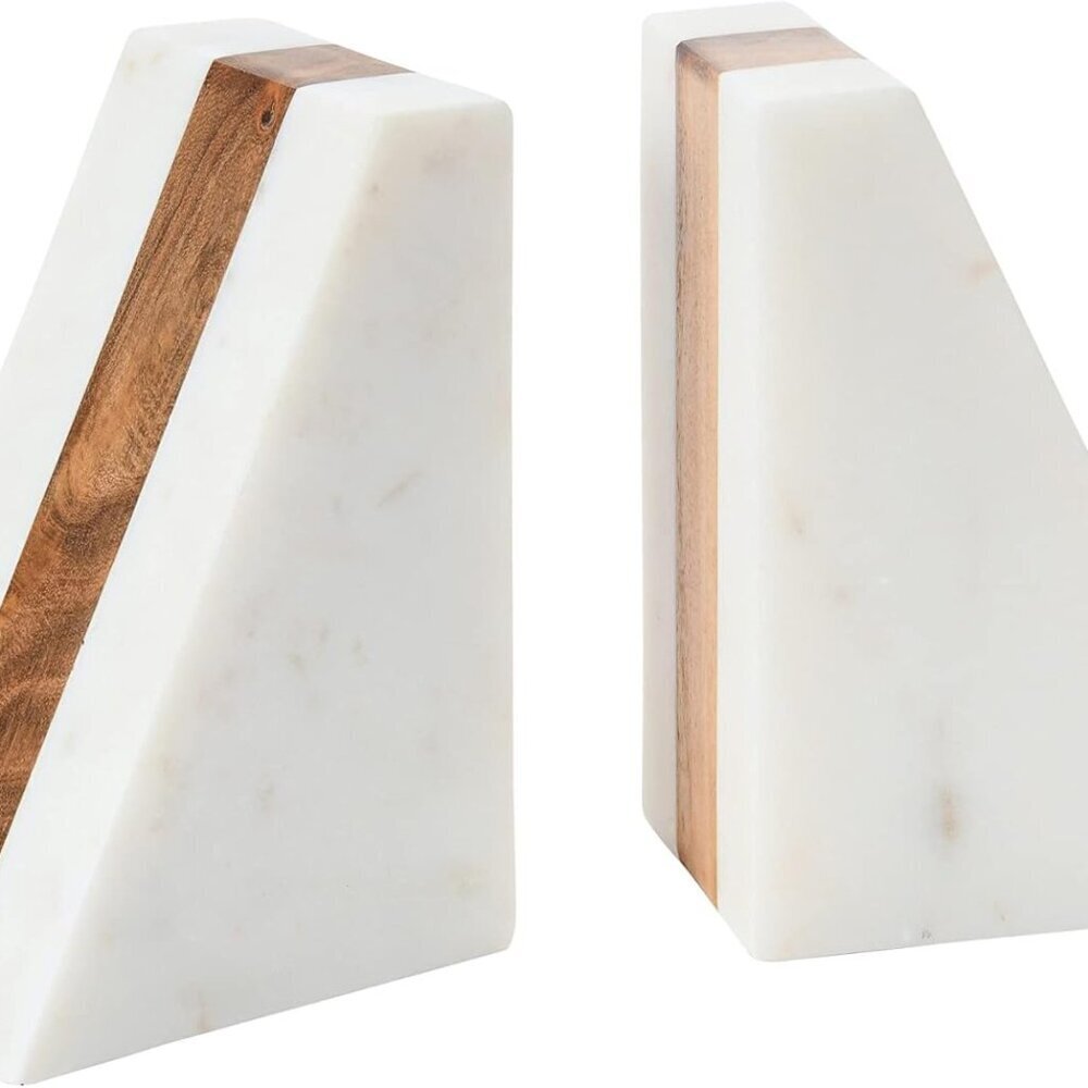 Marble Geometric Bookends with Wood Inlay, White